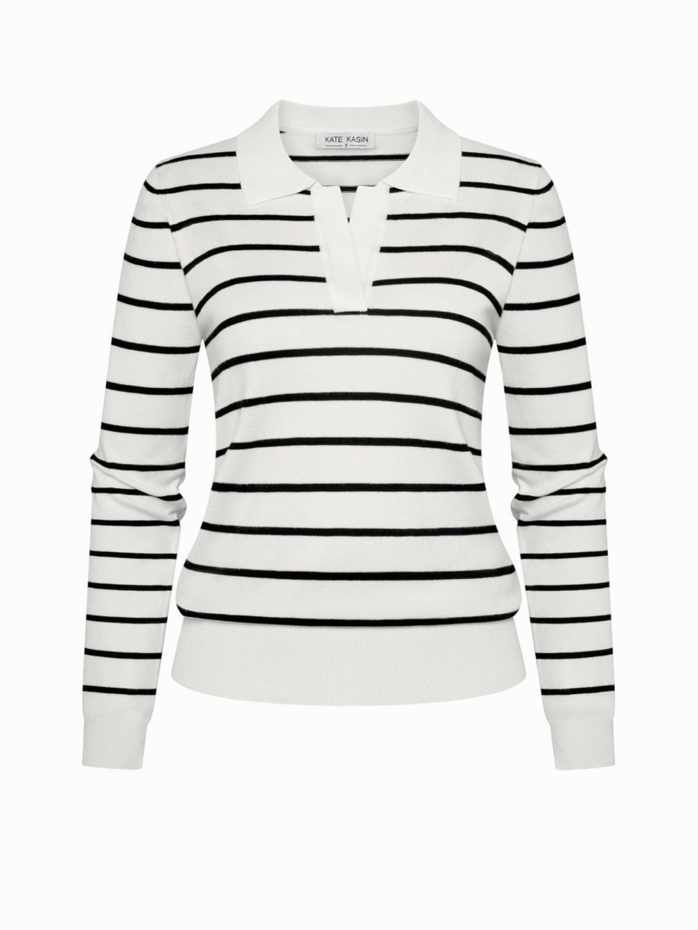 Kate Kasin Black & White Striped Polo Sweater